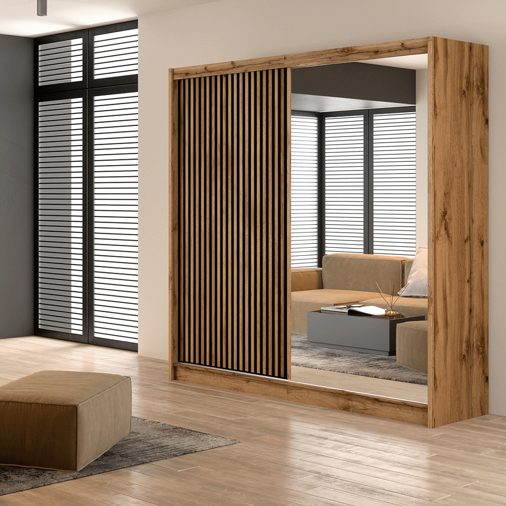 Wardrobe LONDON 203 Oak Wotan / Black + Mirror