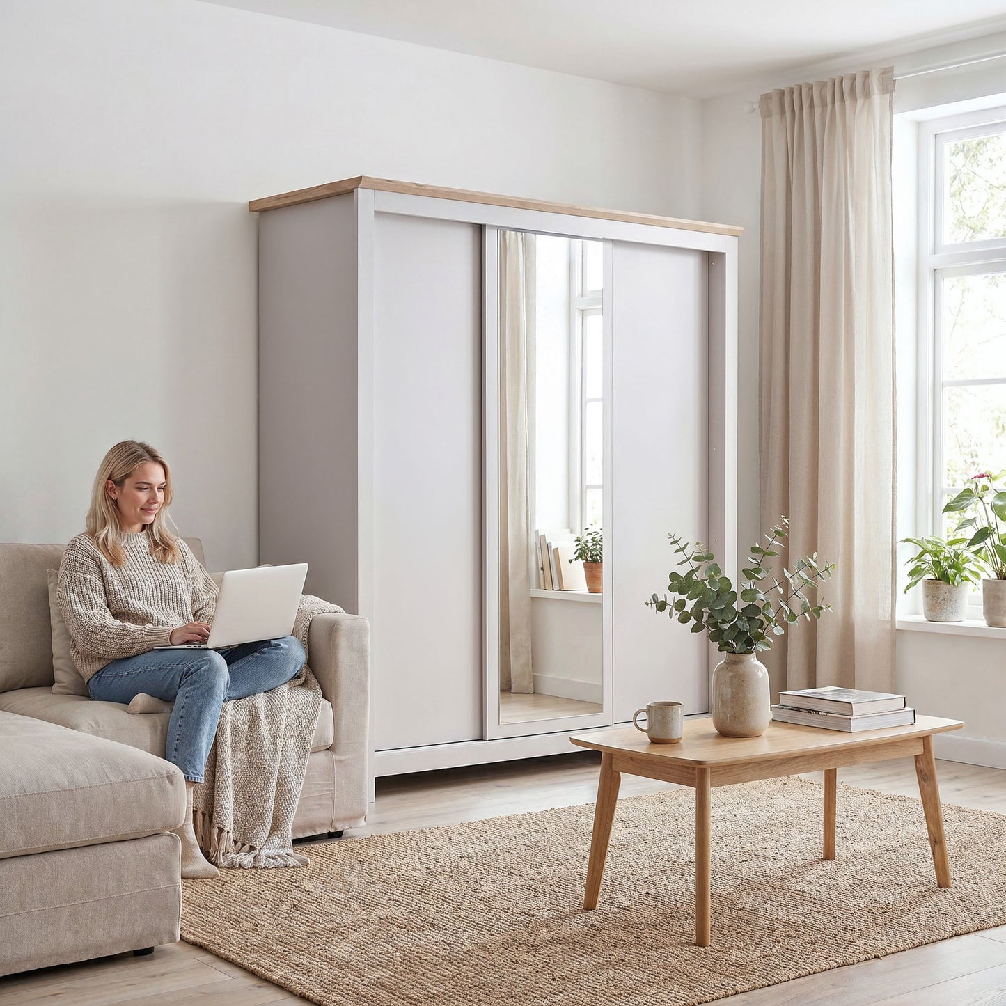 Sliding Wardrobe Milford DF-CF208SWR-3DRM-180 with Mirror - Cashmere