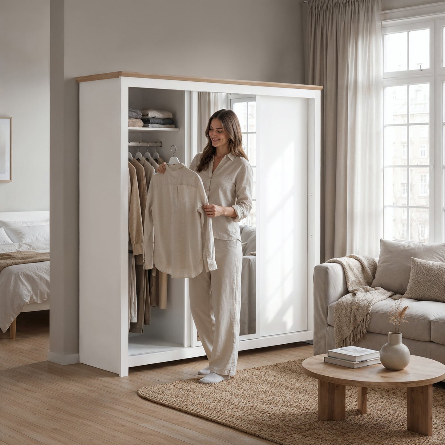 Sliding Wardrobe Milford DF-CF208SWR-3DRM-180 with Mirror - White