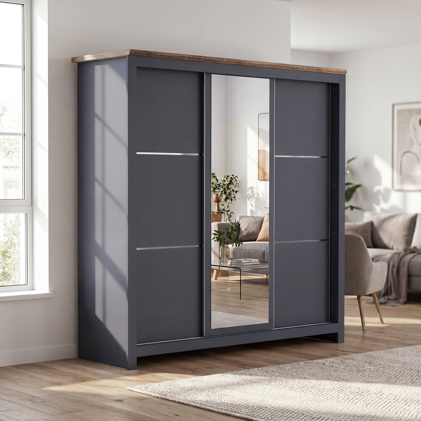 Sliding Wardrobe Milford DF-CF209SWR-3DRM-180 with Mirror - Graphite