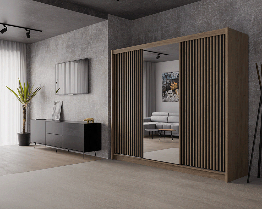 Wardrobe LONDON 250 Oak Wotan / Black + Mirror