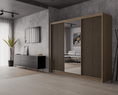 Wardrobe LONDON 250 Oak Wotan / Black + Mirror