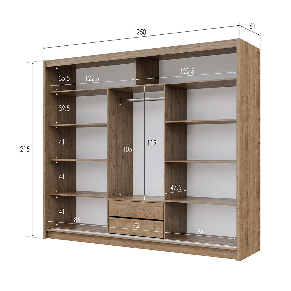 Wardrobe LONDON 250 Oak Wotan / Black + Mirror