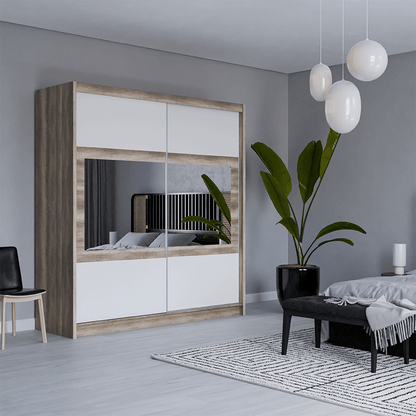 SALWADOR 203cm Sliding Door Wardrobe Oak Canyon + White + Mirror