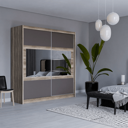 SALWADOR 203cm Sliding Door Wardrobe Oak Canyon + Lava + Mirror