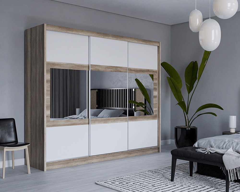 SALWADOR 250cm Sliding Door Wardrobe Oak Canyon + White + Mirror