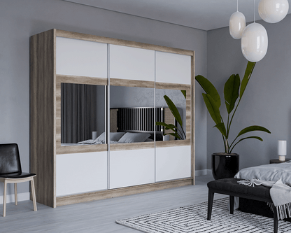 SALWADOR 250cm Sliding Door Wardrobe Oak Canyon + White + Mirror