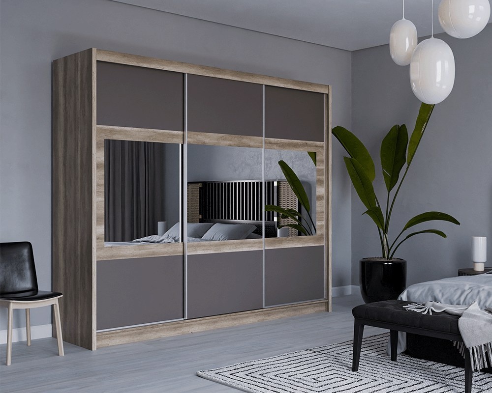 SALWADOR 250cm Sliding Door Wardrobe Oak Canyon + Lava + Mirror