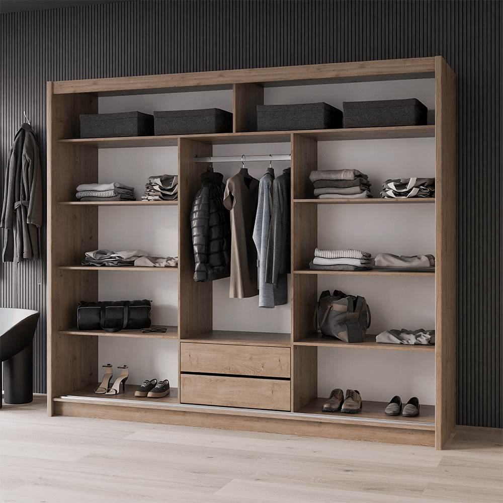Wardrobe LONDON 250 Oak Wotan / Black + Mirror